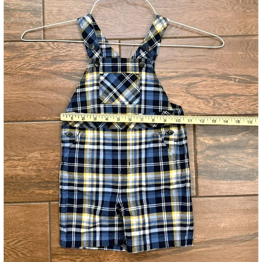 Janie Jack Baby Boy 6M-12M Plaid Overalls Blue Yellow Shortall 100% Cotton